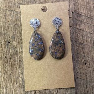Gray Tiger’s Eye in Matrix Stone Tear Drop Stud Back Earrings
